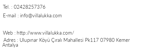 Villa Lukka telefon numaralar, faks, e-mail, posta adresi ve iletiim bilgileri